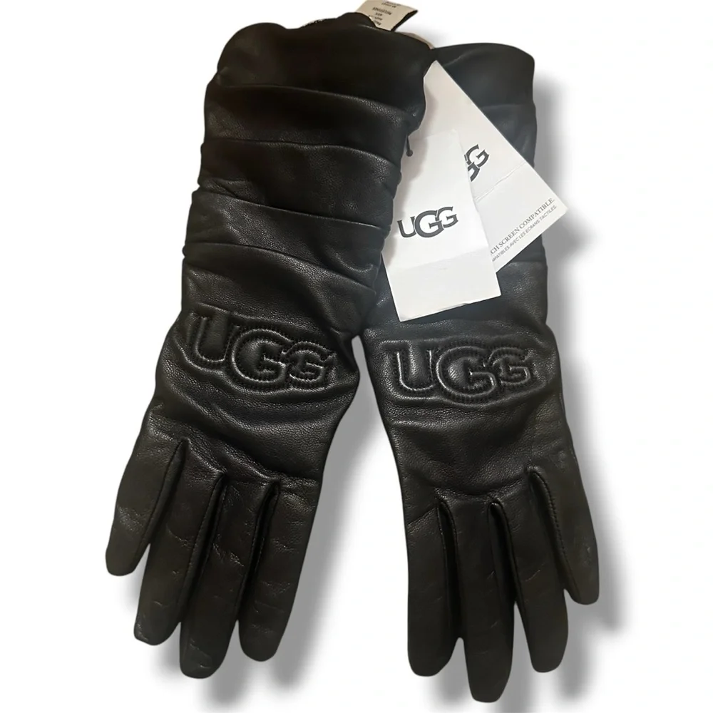 UGG Black Leather Scrunched Logo Gloves Size Small